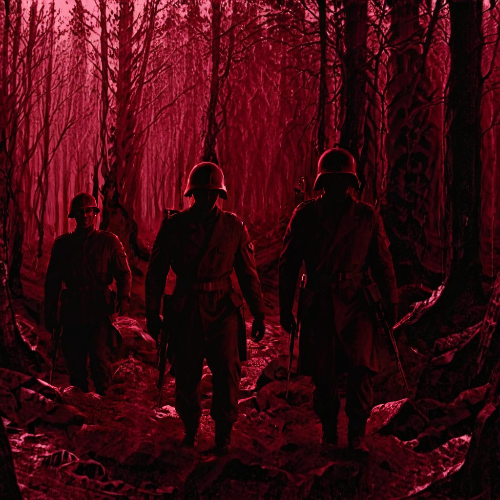 high quality, nodfrg_xl, red grunge, VHS, dark, grain, grainy,
3 soldiers, at the back, walking, dystopia, apocalyptic forest