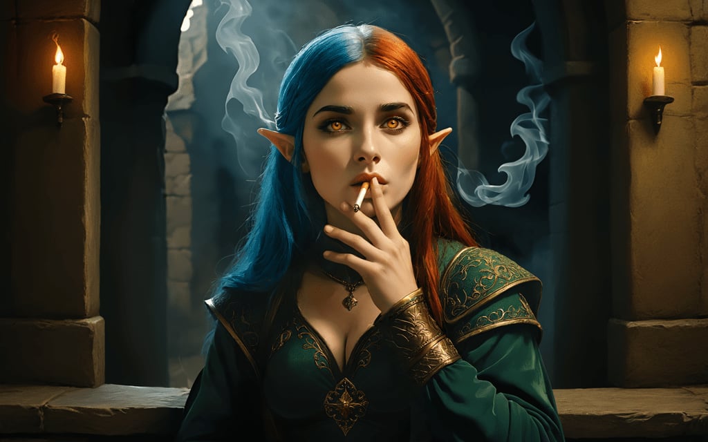 nodf_xl, high quality, 1girl elf, mouth hold, cigarette, smoking, holding cigarette, solo, Medieval era, yellow gold eyes