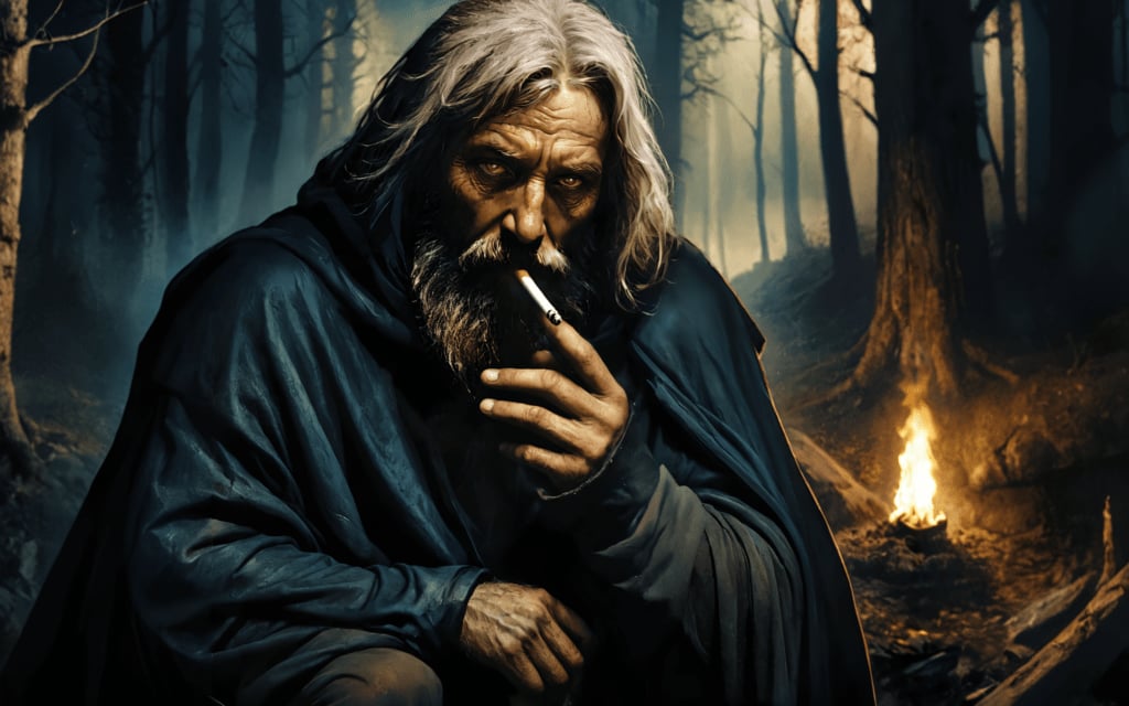 high quality, nodf_xl, mouth hold, cigarette, smoking, solo, close up, 1old male, homeless,
tired, long beard, dirty cloak, grimy, creepy forest, Medieval era, dystopian, dark, hazy, nighttime,holding cigarette,more detail XL
