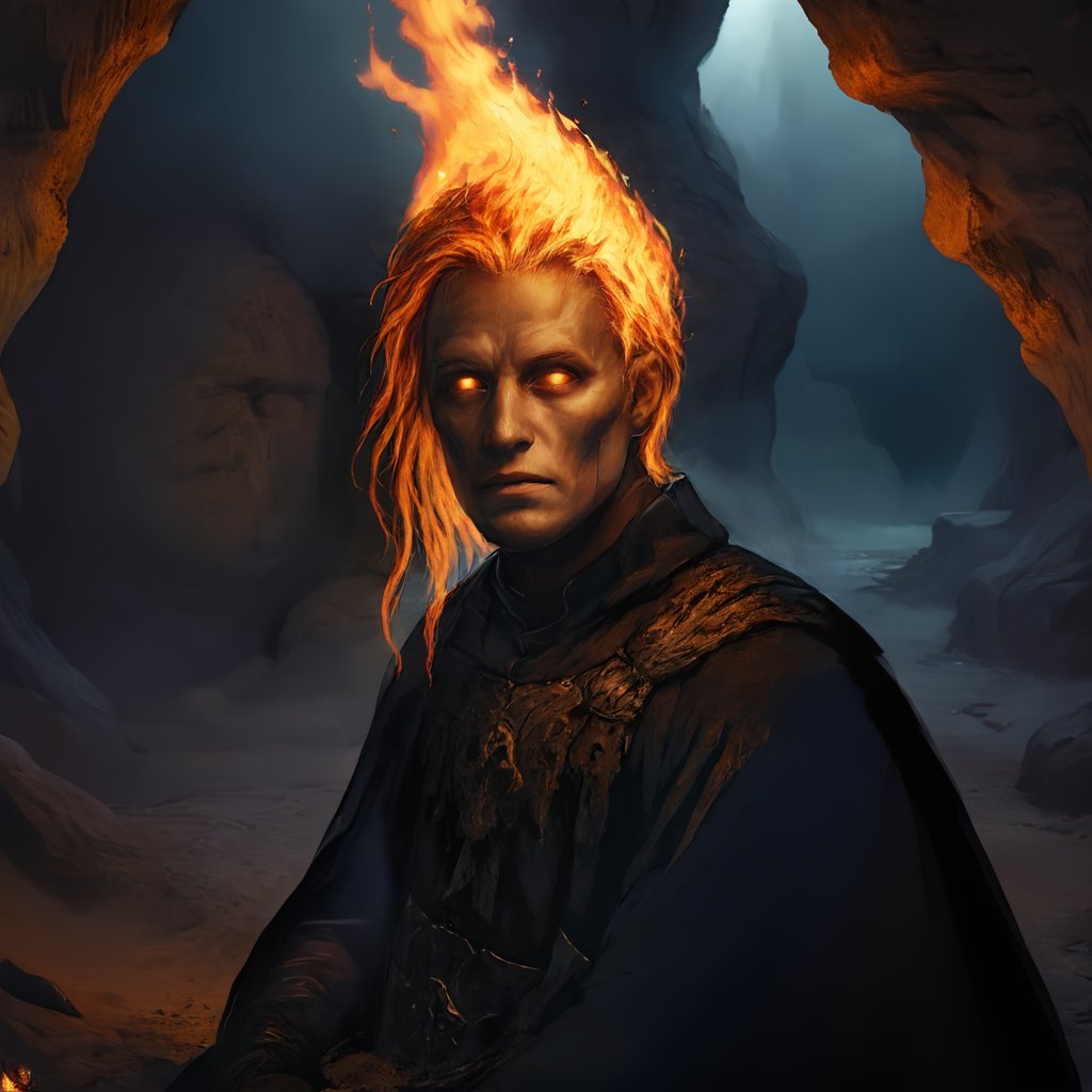 rusty mask, flaming hair, close up, portrait, 1male, Medieval era, black cloak, sitting on stone, cave, cover in dirt, dark, nighttime, highly detailed rusty mask creepy,flaming head,more detail XL