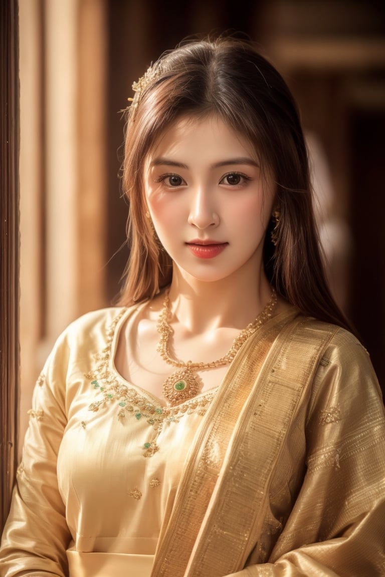 Close-up shot, A woman wearing a traditional Indian sari and traditional jewelry looks at the camera and stands in the corridor. The soft sunlight illuminates the image, which highlights the beauty of the combination of traditional clothing and flowers,ShaniJkt48, 