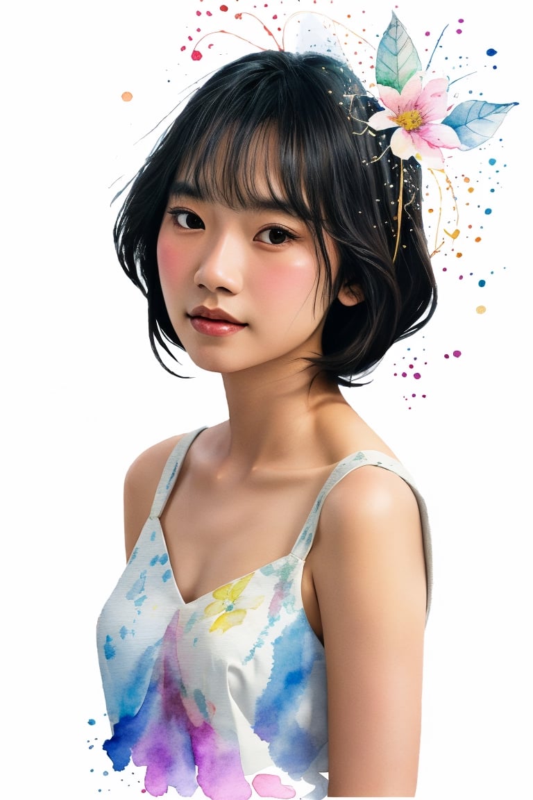 A woman, Indonesian, ethereal, short hair, on a white background, Half Body, art, sketch, with detailed light effects, dreamy and ethereal, with delicate brushstrokes, high quality, high resolution, high detail, Sdwku2, Watercolor Painting, Flowers, (Watercolor), Pencil Sketch, Bold Line, Outline,FreyaJKT48