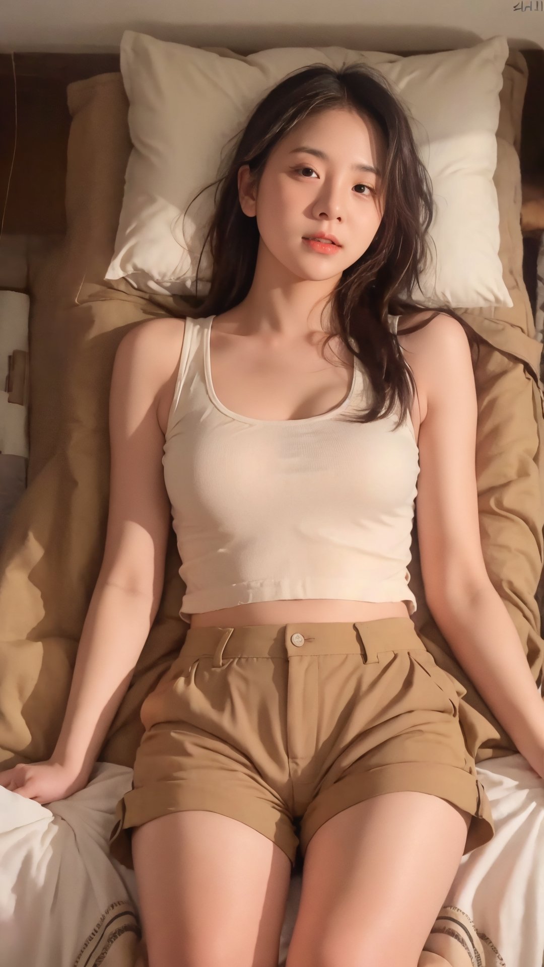 An Indonesian Woman Lie on the bed, Photorealistic, High Quality, Photoshoot pose, missionary, lying, Tank top, short pants, grabbing hands