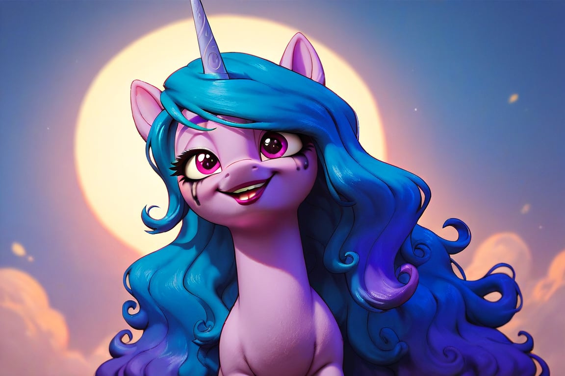 Prompt: Score_9, Score_8_up, Score_7_up, Score_6_up, Score_5_up, Score_4_up, source_cartoon,  

 MLP,  izzy_moonbow, my_little_pony, 


 bright eye makeup looks. Be1nn1e, black_Lipstick, lips, one pony (mid body shot:0.9),