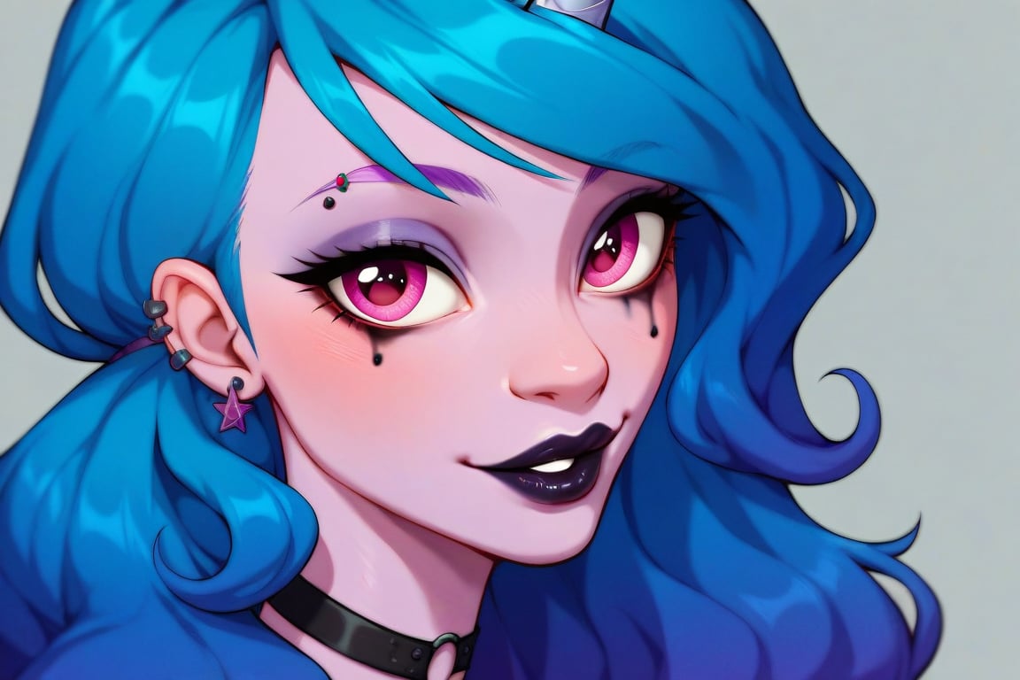 Prompt: Score_9, Score_8_up, Score_7_up, Score_6_up, Score_5_up, Score_4_up, source_cartoon,  cartoon art, goth clothing, human girl, pastel skin,

 MLP,  izzy_moonbow, my_little_pony, 


 bright eye makeup looks. Be1nn1e, black_Lipstick, lips, one pony (mid body shot:0.9),