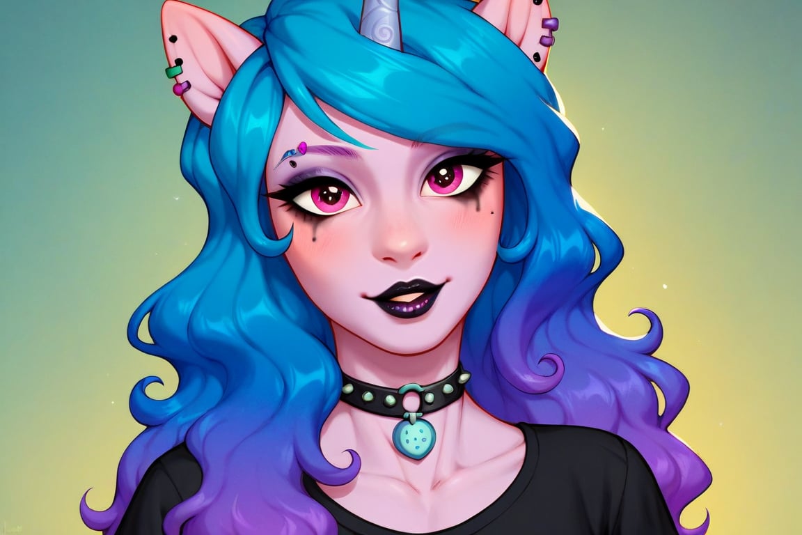 Prompt: Score_9, Score_8_up, Score_7_up, Score_6_up, Score_5_up, Score_4_up, source_cartoon,  cartoon art, goth clothing, human girl, pastel skin,

 MLP,  izzy_moonbow, my_little_pony, 


 bright eye makeup looks. Be1nn1e, black_Lipstick, lips, one pony (mid body shot:0.9),