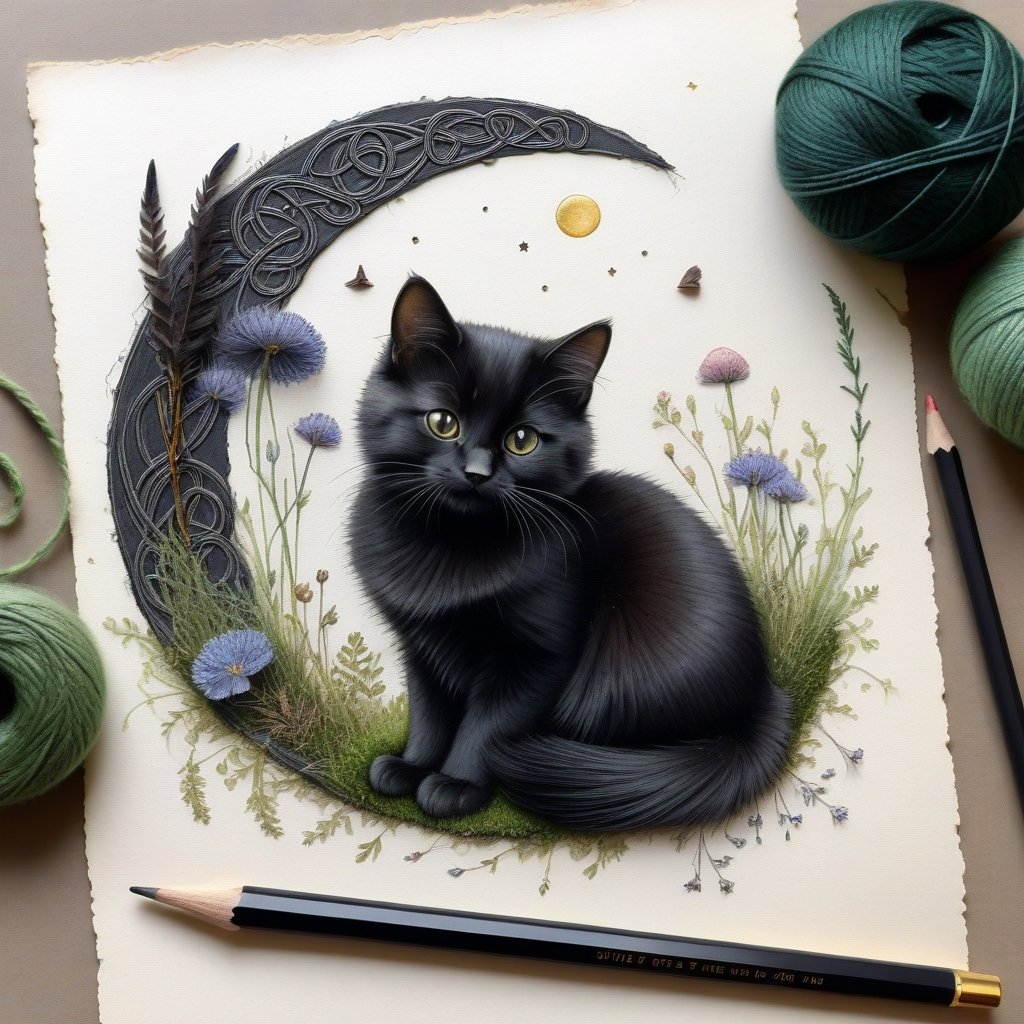 ((ultra realistic photo)), artistic sketch art, Make a little pencil sketch of a cute BLACK CAT on an old TORN EDGE paper , art, textures, pure perfection, high definition, feather around, TINY DELICATE FLOWERS, ball of yarn, TALISMAN, grass fiber on the paper,LITTLE MOON, MOONLIGHT, DELICATE MUSHROOM, LITTLE KEY, BROOM, CAULDRON, MOSS FIBER ,DELICATE CELTIC ORNAMENT, detailed calligraphy, tiny delicate drawings