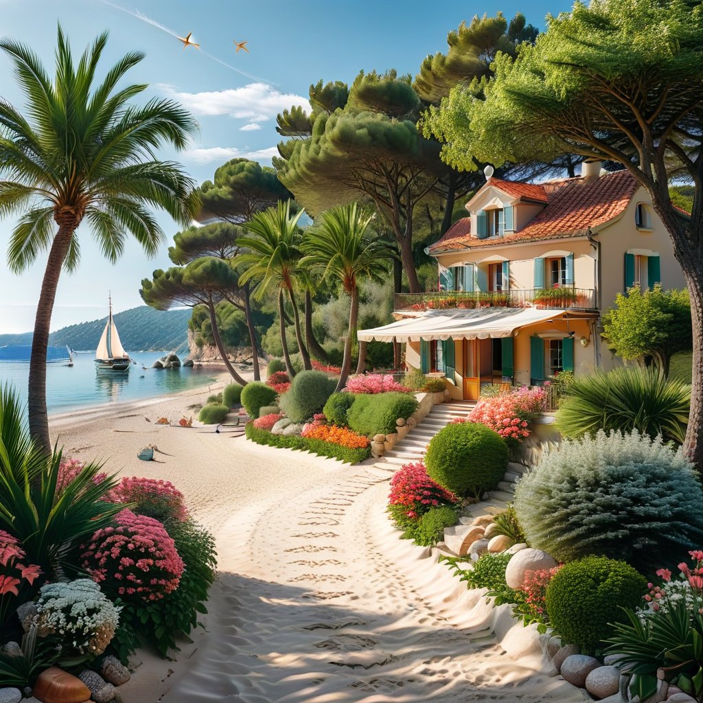 A serene NIzza beach scene unfolds before us. Little apartman house with terrace. Soft white sand stretches beneath the gentle sway of trees, while a family plays and laughs together and sunbathe. In the distance, a majestic sailing ship glides across the calm sea, its sails billowing in the breeze. Blankets scatter the shore, topped with tiny treasures: delicate sea-shells and starfish. The highly detailed landscape, reminiscent of Jean-Jacques Sempé's whimsical illustrations from Petit Nicolas, comes to life in PASTEL SHADES.