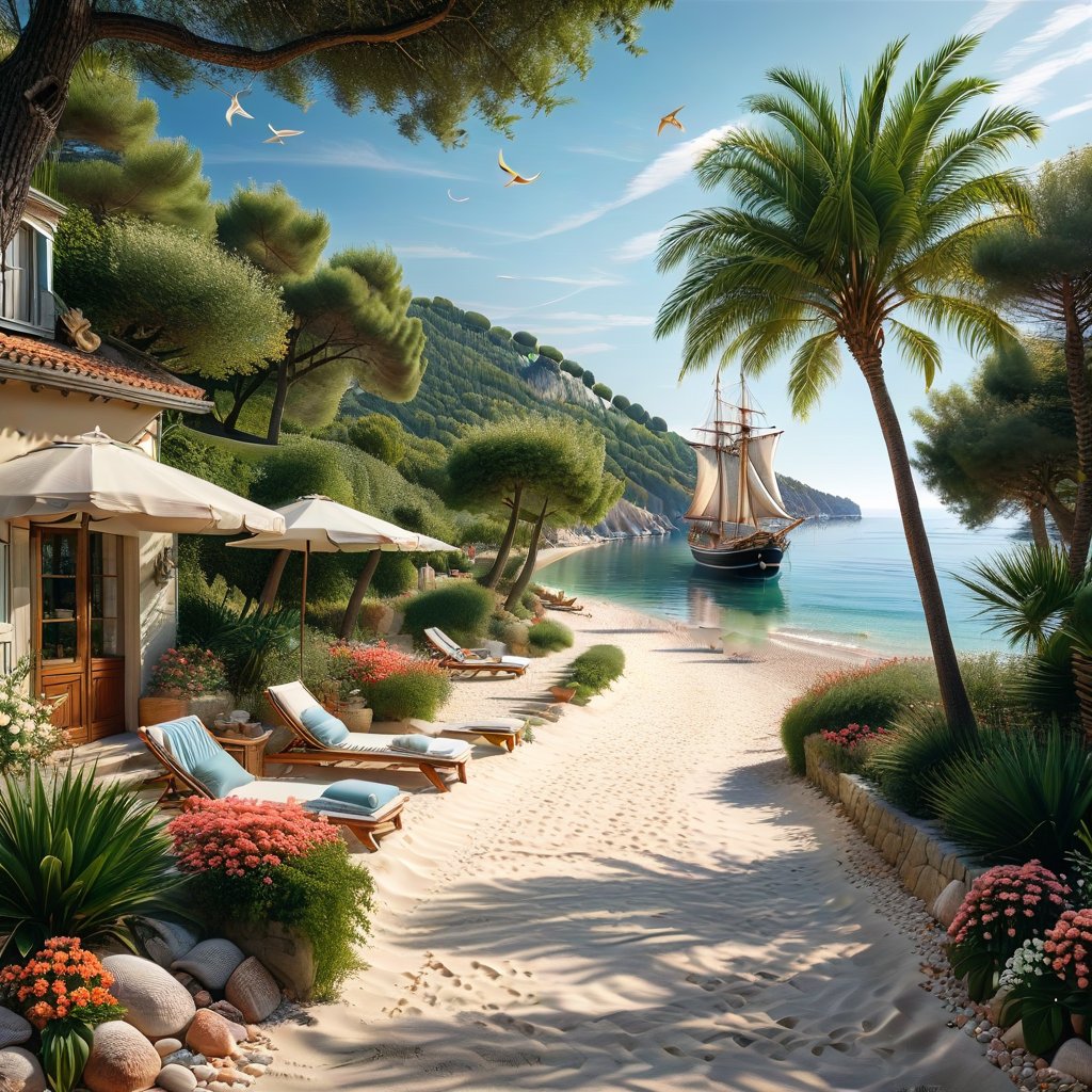 A serene NIzza beach scene unfolds before us. Little apartman house with terrace. Soft white sand stretches beneath the gentle sway of trees, while a family plays and laughs together and sunbathe. In the distance, a majestic sailing ship glides across the calm sea, its sails billowing in the breeze. Blankets scatter the shore, topped with tiny treasures: delicate sea-shells and starfish. The highly detailed landscape, reminiscent of Jean-Jacques Sempé's whimsical illustrations from Petit Nicolas, comes to life in PASTEL SHADES.