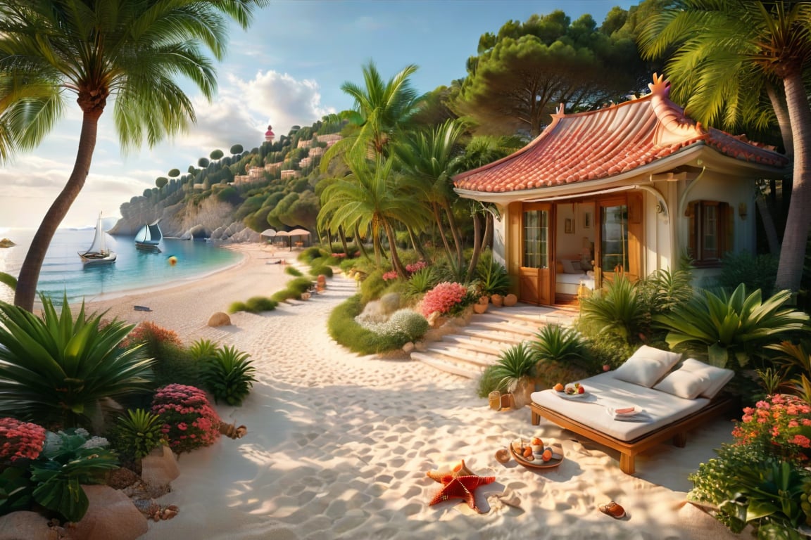 A serene NIzza beach scene unfolds before us. Little apartman house with terrace. Soft white sand stretches beneath the gentle sway of trees, while a family plays and laughs together and sunbathe. In the distance, a majestic sailing ship glides across the calm sea, its sails billowing in the breeze. Blankets scatter the shore, topped with tiny treasures: delicate sea-shells and starfish. The highly detailed landscape, reminiscent of Jean-Jacques Sempé's whimsical illustrations from Petit Nicolas, comes to life in PASTEL SHADES.,3dmdt1,3D