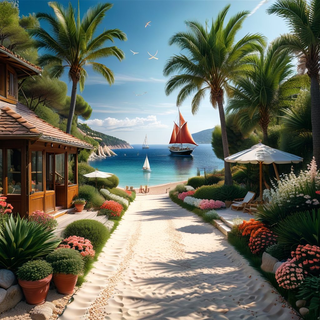 A serene NIzza beach scene unfolds before us. Little apartman house with terrace. Soft white sand stretches beneath the gentle sway of trees, while a family plays and laughs together and sunbathe. In the distance, a majestic sailing ship glides across the calm sea, its sails billowing in the breeze. Blankets scatter the shore, topped with tiny treasures: delicate sea-shells and starfish. The highly detailed landscape, reminiscent of Jean-Jacques Sempé's whimsical illustrations from Petit Nicolas, comes to life in PASTEL SHADES.