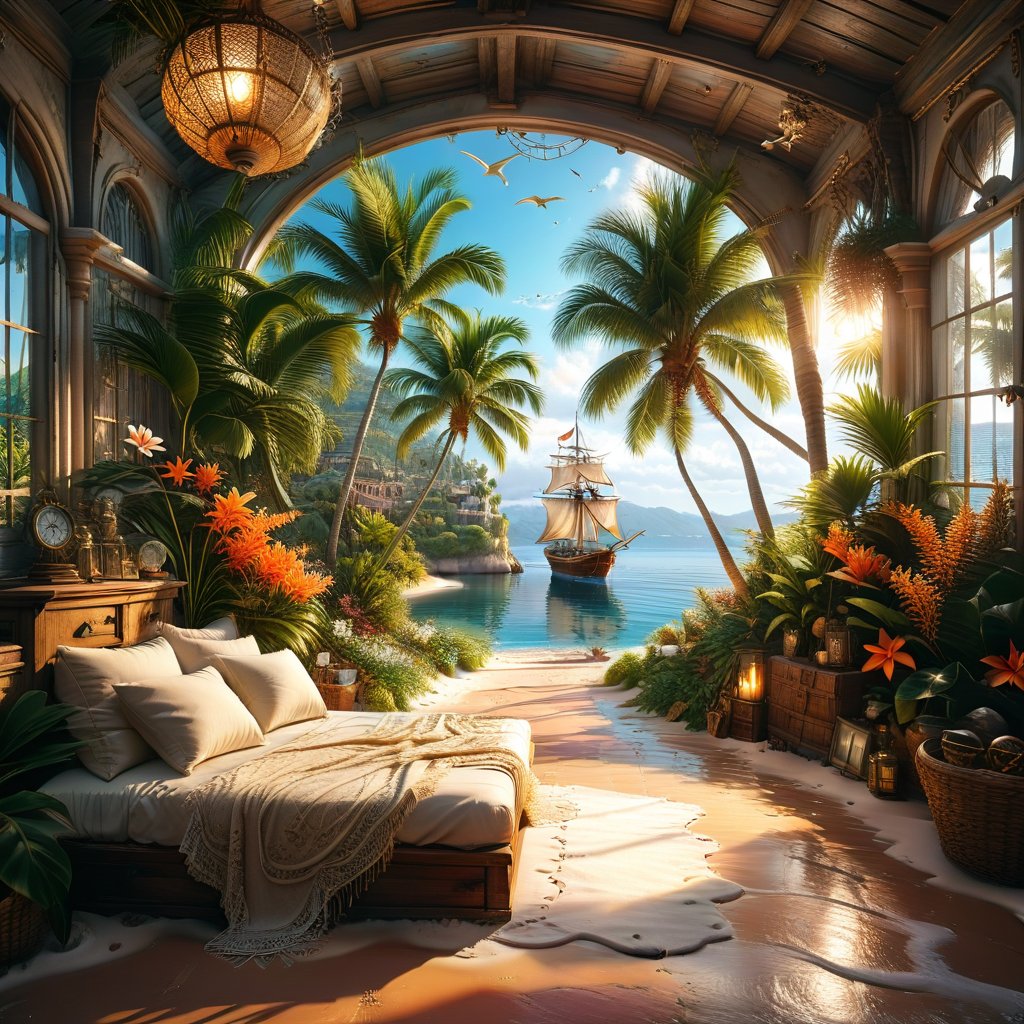 ((ultra realistic photo)), a cute disordered shabby ragged style pirate balcony on the white sand, dusty worn-out walls,spiderwebs on the wall, scattered white blanket on the sofa, creased white rug, shabby bean-bed, little treasure chest as table, huge window, great amazing view to the south pacific lagoon, , detailed beach , scattered blankets here and there, tiny delicate sea-shell, little delicate starfish, sea ,(very detailed amazing view to the tropical lagoon, SEA SHORE, PALM TREES, sailing ship, DETAILED LANDSCAPE, COLORFUL) (GOLDEN HOUR LIGHTING),Tim Burton Style