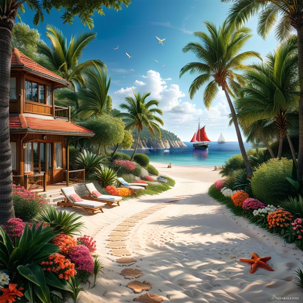 A serene Riviera beach scene unfolds before us. Little apartman house with terrace. Soft white sand stretches beneath the gentle sway of  trees, while a family plays and laughs together and sunbathe. In the distance, a majestic sailing ship glides across the calm sea, its sails billowing in the breeze. Blankets scatter the shore, topped with tiny treasures: delicate sea-shells and starfish. The highly detailed landscape, reminiscent of Jean-Jacques Sempé's whimsical illustrations from Petit Nicolas, comes to life in vibrant colors.