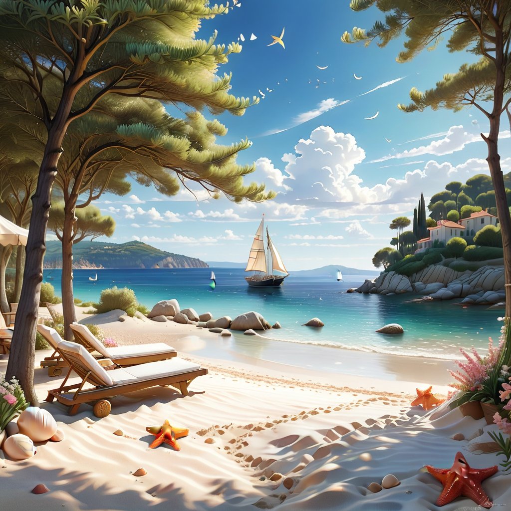 A serene NIzza beach scene unfolds before us. Little apartman house with terrace. Soft white sand stretches beneath the gentle sway of trees, while a family plays and laughs together and sunbathe. In the distance, a majestic sailing ship glides across the calm sea, its sails billowing in the breeze. Blankets scatter the shore, topped with tiny treasures: delicate sea-shells and starfish. The highly detailed landscape, reminiscent of Jean-Jacques Sempé's whimsical illustrations from Petit Nicolas, comes to life in PASTEL SHADES.,3D, score_9_up,3d toon style,realistic,LegendDarkFantasy,Movie Poster,DonM3lv3nM4g1cXL,DonMW15pXL,DonMD0n7P4n1cXL,island