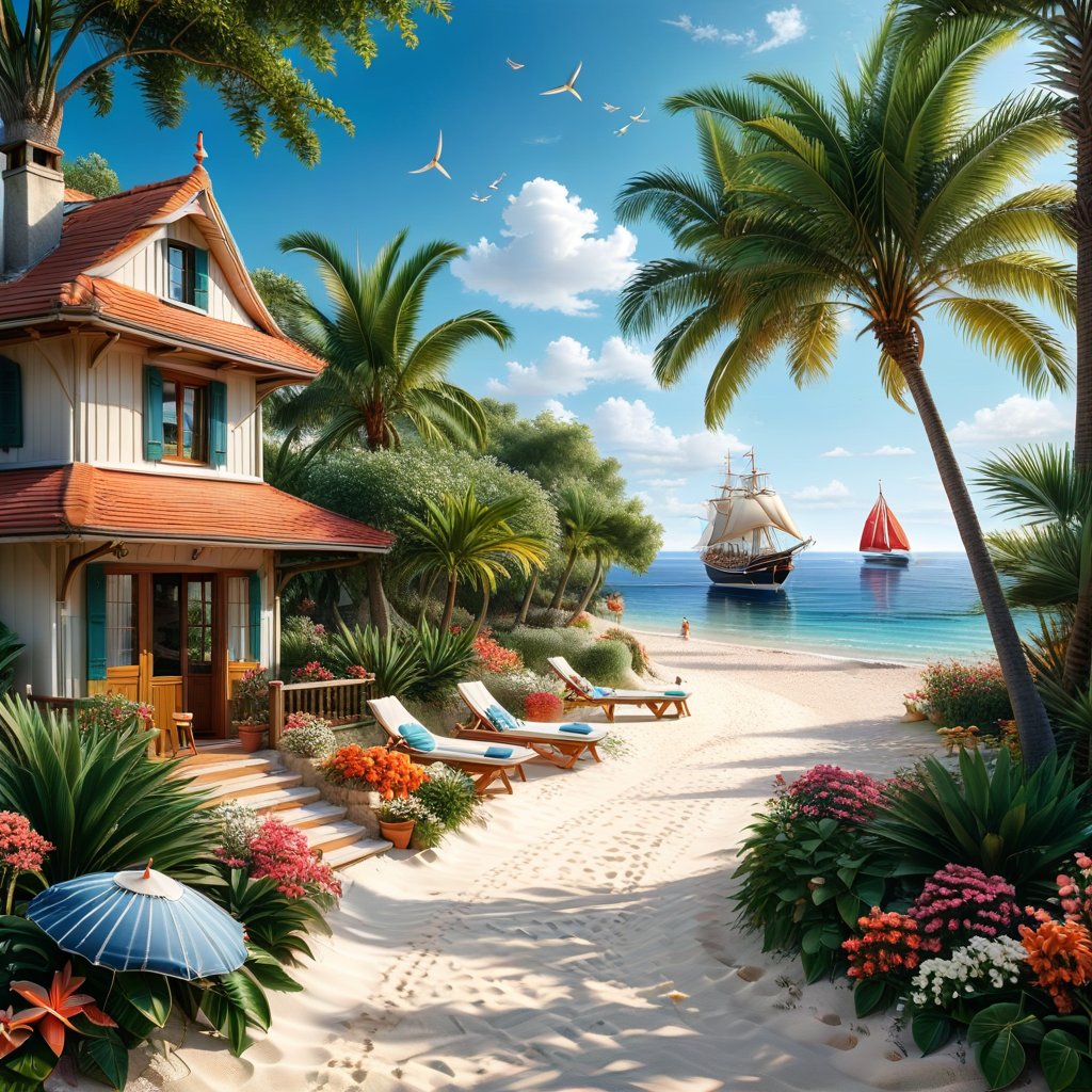 A serene Riviera beach scene unfolds before us. Little apartman house with terrace. Soft white sand stretches beneath the gentle sway of  trees, while a family plays and laughs together and sunbathe. In the distance, a majestic sailing ship glides across the calm sea, its sails billowing in the breeze. Blankets scatter the shore, topped with tiny treasures: delicate sea-shells and starfish. The highly detailed landscape, reminiscent of Jean-Jacques Sempé's whimsical illustrations from Petit Nicolas, comes to life in vibrant colors.