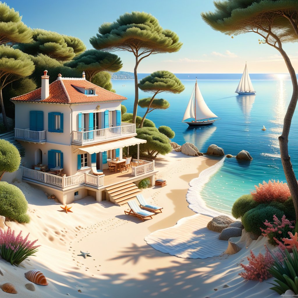 A serene NIzza beach scene unfolds before us. Little apartman house with terrace. Soft white sand stretches beneath the gentle sway of trees, while a family plays and laughs together and sunbathe. In the distance, a majestic sailing ship glides across the calm sea, its sails billowing in the breeze. Blankets scatter the shore, topped with tiny treasures: delicate sea-shells and starfish. The highly detailed landscape, reminiscent of Jean-Jacques Sempé's whimsical illustrations from Petit Nicolas, comes to life in PASTEL SHADES.,3D, score_9_up,3d toon style,realistic,LegendDarkFantasy,Movie Poster,DonM3lv3nM4g1cXL,DonMW15pXL,DonMD0n7P4n1cXL