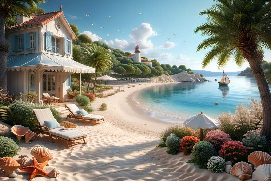 A serene NIzza beach scene unfolds before us. Little apartman house with terrace. Soft white sand stretches beneath the gentle sway of trees, while a family plays and laughs together and sunbathe. In the distance, a majestic sailing ship glides across the calm sea, its sails billowing in the breeze. Blankets scatter the shore, topped with tiny treasures: delicate sea-shells and starfish. The highly detailed landscape, reminiscent of Jean-Jacques Sempé's whimsical illustrations from Petit Nicolas, comes to life in PASTEL SHADES.,3D, score_9_up,3d toon style