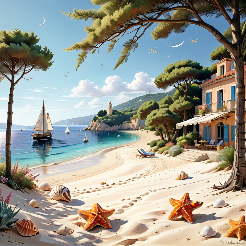 A serene NIzza beach scene unfolds before us. Little apartman house with terrace. Soft white sand stretches beneath the gentle sway of trees, while a family plays and laughs together and sunbathe. In the distance, a majestic sailing ship glides across the calm sea, its sails billowing in the breeze. Blankets scatter the shore, topped with tiny treasures: delicate sea-shells and starfish. The highly detailed landscape, reminiscent of Jean-Jacques Sempé's whimsical illustrations from Petit Nicolas, comes to life in PASTEL SHADES.,3D, score_9_up,3d toon style,realistic,LegendDarkFantasy