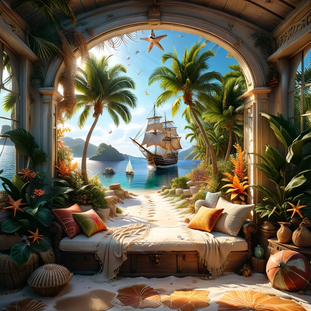 ((ultra realistic photo)), a cute disordered shabby ragged style pirate porch on the white sand, dusty worn-out walls,spiderwebs on the wall, scattered white blanket on the sofa, creased white rug, shabby bean-bed, little treasure chest as table, huge window, great amazing view to the south pacific lagoon, , detailed beach , scattered blankets here and there, tiny delicate sea-shell, little delicate starfish, sea ,(very detailed amazing view to the tropical lagoon, SEA SHORE, PALM TREES, sailing ship, DETAILED LANDSCAPE, COLORFUL) (GOLDEN HOUR LIGHTING),Tim Burton Style