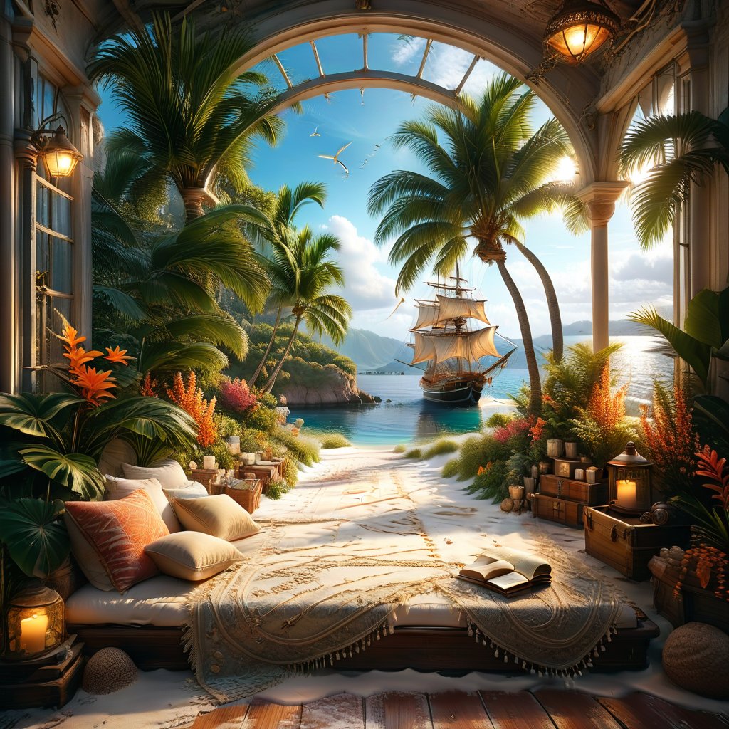 ((ultra realistic photo)), a cute disordered shabby ragged style pirate balcony on the white sand, dusty worn-out walls,spiderwebs on the wall, scattered white blanket on the sofa, creased white rug, shabby bean-bed, little treasure chest as table, huge window, great amazing view to the south pacific lagoon, , detailed beach , scattered blankets here and there, tiny delicate sea-shell, little delicate starfish, sea ,(very detailed amazing view to the tropical lagoon, SEA SHORE, PALM TREES, sailing ship, DETAILED LANDSCAPE, COLORFUL) (GOLDEN HOUR LIGHTING),Tim Burton Style