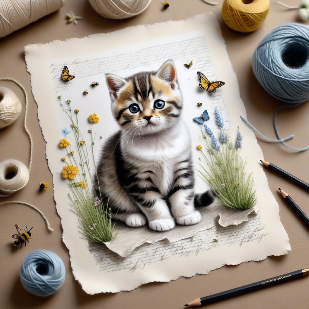 ((ultra realistic photo)), artistic sketch art, Make a little pencil sketch of a cute TINY BRITISH shorthaired CAT on an old TORN EDGE paper , art, textures, pure perfection, high definition, feather around, TINY DELICATE FLOWERS, ball of yarn, cushion, grass fiber on the paper,tiny yarn fibers, Sunbeam, butterfly, bees, tiny cat toys, detailed calligraphy texts, tiny delicate drawings