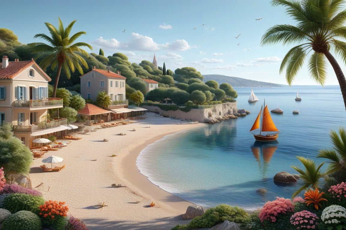 A serene NIzza beach scene unfolds before us. Little apartman house with terrace. Soft white sand stretches beneath the gentle sway of trees, while a family plays and laughs together and sunbathe. In the distance, a majestic sailing ship glides across the calm sea, its sails billowing in the breeze. Blankets scatter the shore, topped with tiny treasures: delicate sea-shells and starfish. The highly detailed landscape, reminiscent of Jean-Jacques Sempé's whimsical illustrations from Petit Nicolas, comes to life in PASTEL SHADES.,3D, score_9_up,3d toon style,realistic