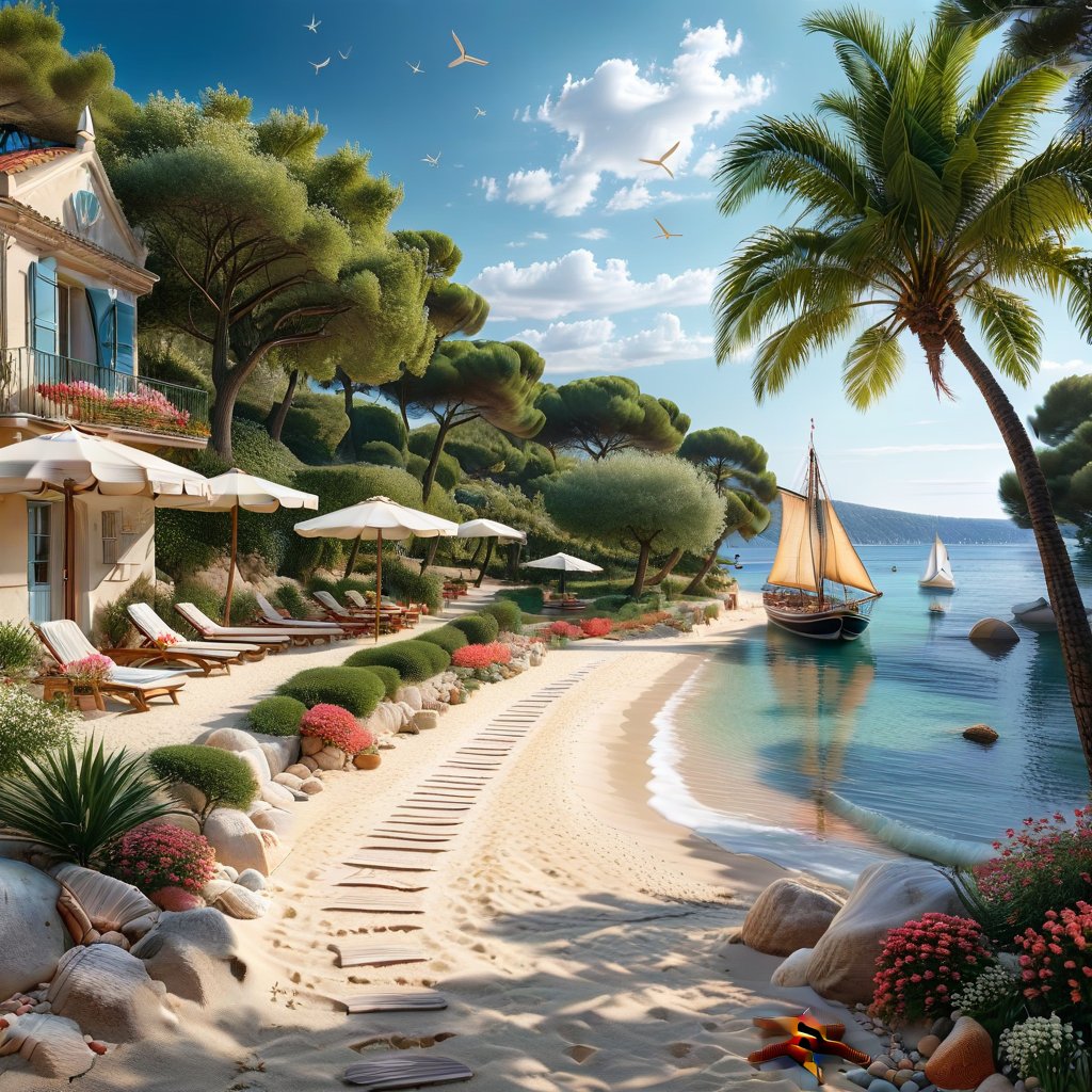 A serene NIzza beach scene unfolds before us. Little apartman house with terrace. Soft white sand stretches beneath the gentle sway of trees, while a family plays and laughs together and sunbathe. In the distance, a majestic sailing ship glides across the calm sea, its sails billowing in the breeze. Blankets scatter the shore, topped with tiny treasures: delicate sea-shells and starfish. The highly detailed landscape, reminiscent of Jean-Jacques Sempé's whimsical illustrations from Petit Nicolas, comes to life in PASTEL SHADES.