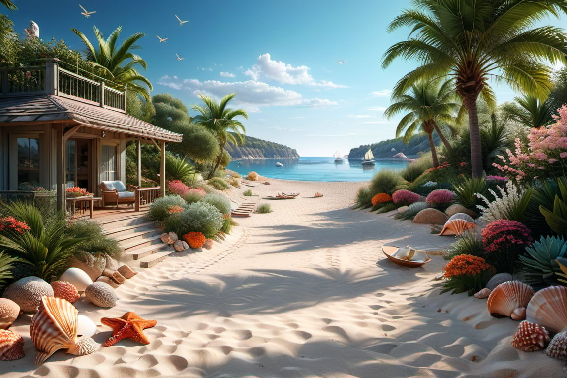A serene NIzza beach scene unfolds before us. Little apartman house with terrace. Soft white sand stretches beneath the gentle sway of trees, while a family plays and laughs together and sunbathe. In the distance, a majestic sailing ship glides across the calm sea, its sails billowing in the breeze. Blankets scatter the shore, topped with tiny treasures: delicate sea-shells and starfish. The highly detailed landscape, reminiscent of Jean-Jacques Sempé's whimsical illustrations from Petit Nicolas, comes to life in PASTEL SHADES.,3D, score_9_up,3d toon style