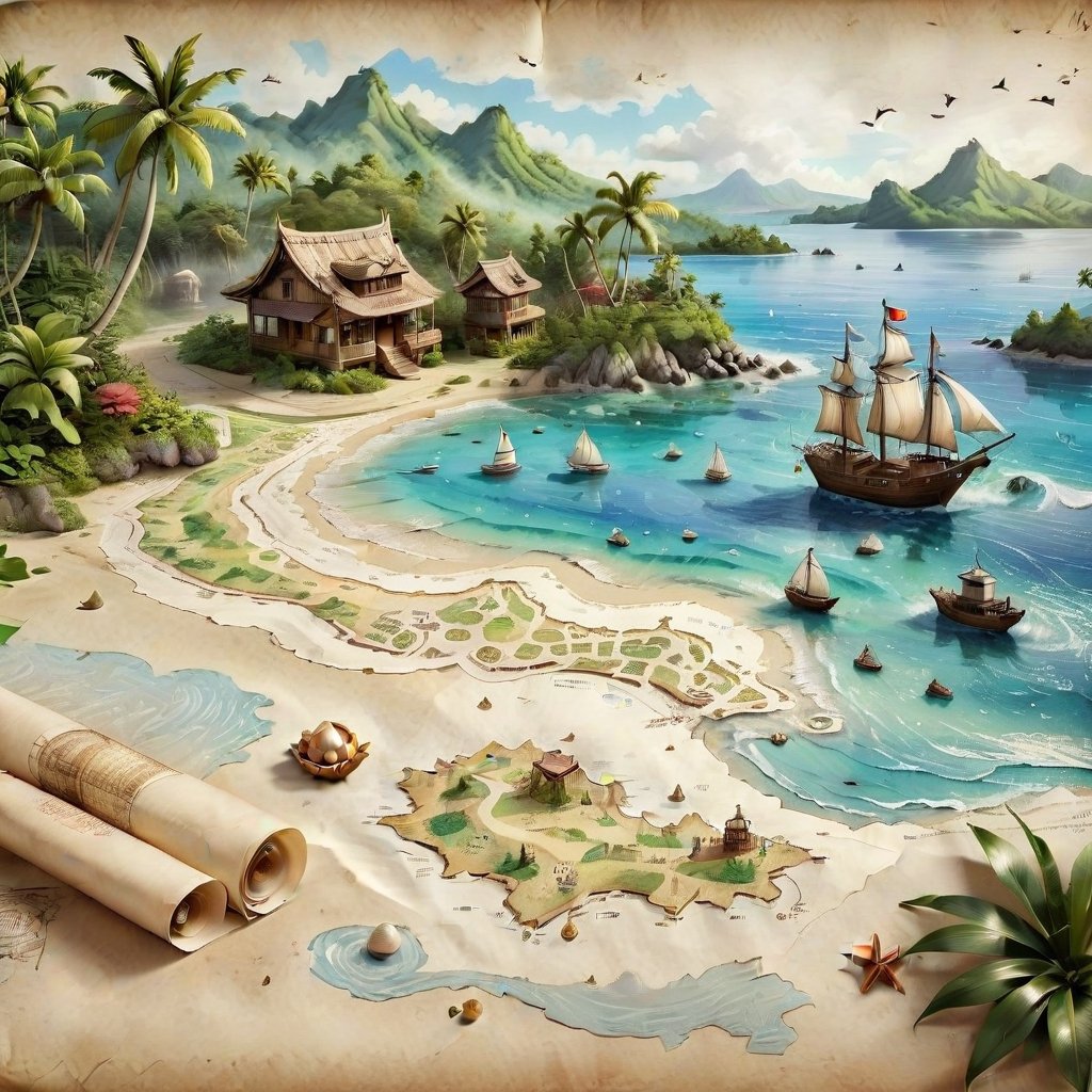 ((ultra ARTISTIC sketch)), (artistic sketch art), Make a 3d DETAILED old torn paper map (a detailed Sketch on the paper about a treasure map) the paper scroll lay on the TROPICAL BAY SANDY BEACH,  some tiny SEA SHELLS , tiny sailing ship, tiny bungalows,on parchment