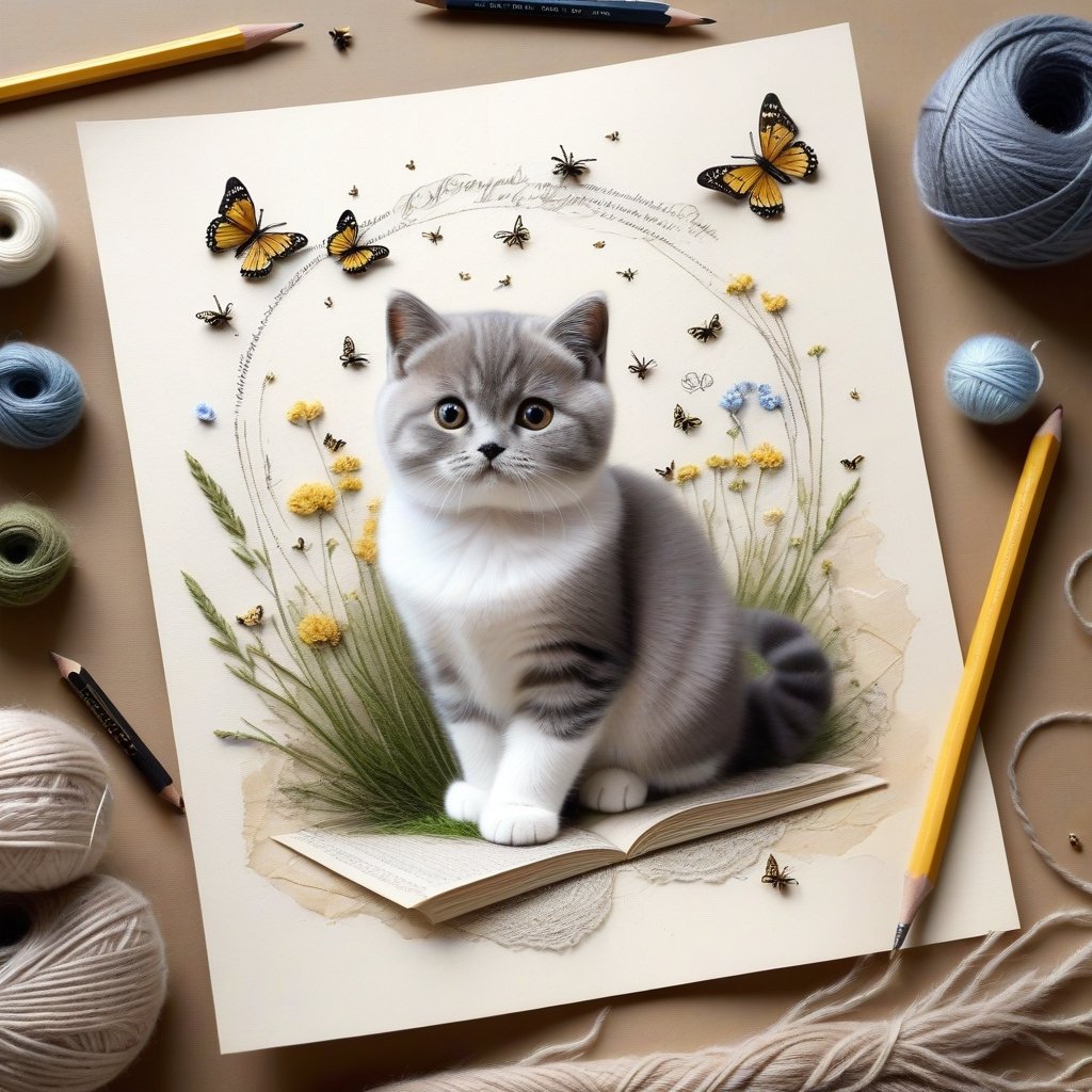 ((ultra realistic photo)), artistic sketch art, Make a little pencil sketch of a cute TINY BRITISH shorthaired CAT on an old TORN EDGE paper , art, textures, pure perfection, high definition, feather around, TINY DELICATE FLOWERS, ball of yarn, cushion, grass fiber on the paper,tiny yarn fibers, Sunbeam, butterfly, bees, tiny cat toys, detailed calligraphy texts, tiny delicate drawings