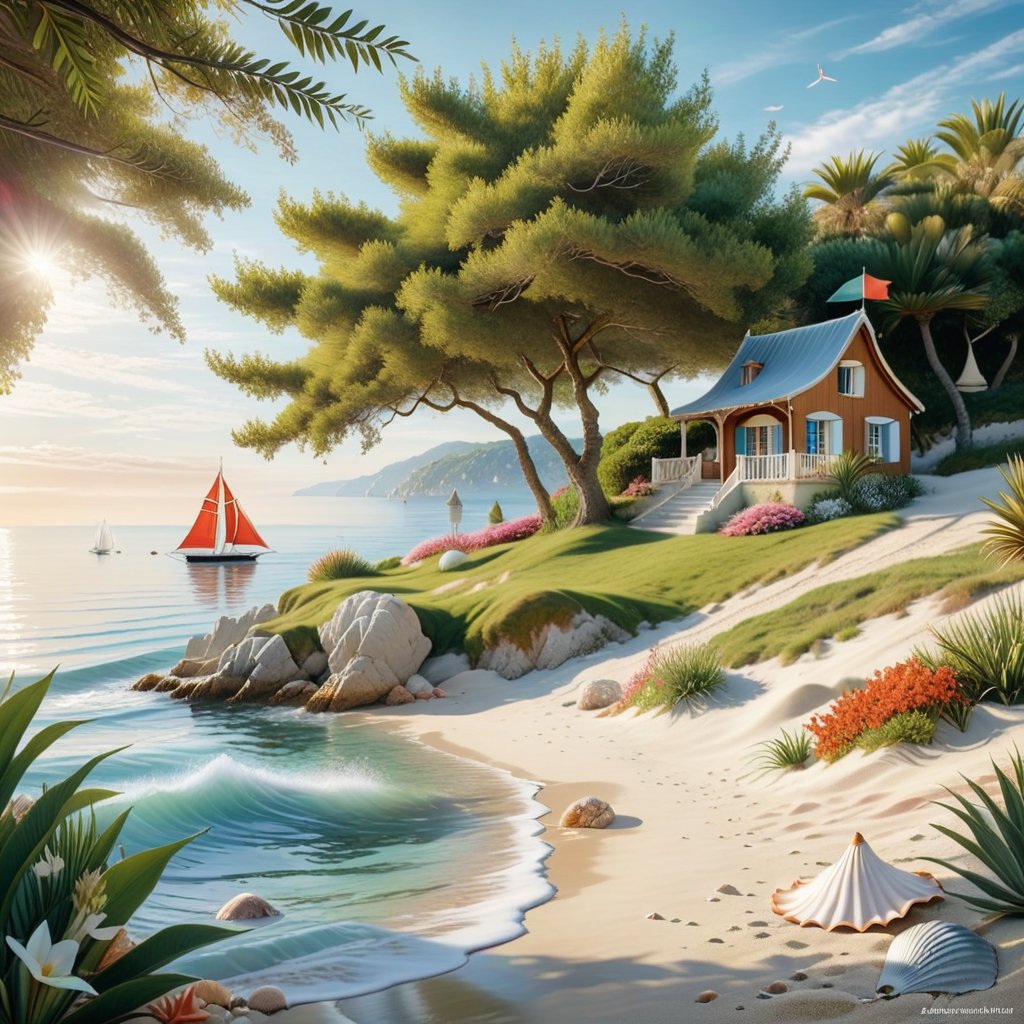 A serene NIzza beach scene unfolds before us. Little apartman house with terrace. Soft white sand stretches beneath the gentle sway of trees, while a family plays and laughs together and sunbathe. In the distance, a majestic sailing ship glides across the calm sea, its sails billowing in the breeze. Blankets scatter the shore, topped with tiny treasures: delicate sea-shells and starfish. The highly detailed landscape, reminiscent of Jean-Jacques Sempé's whimsical illustrations from Petit Nicolas, comes to life in PASTEL SHADES.,3D, score_9_up,3d toon style,realistic,LegendDarkFantasy,Movie Poster,DonM3lv3nM4g1cXL,DonMW15pXL,DonMD0n7P4n1cXL,island