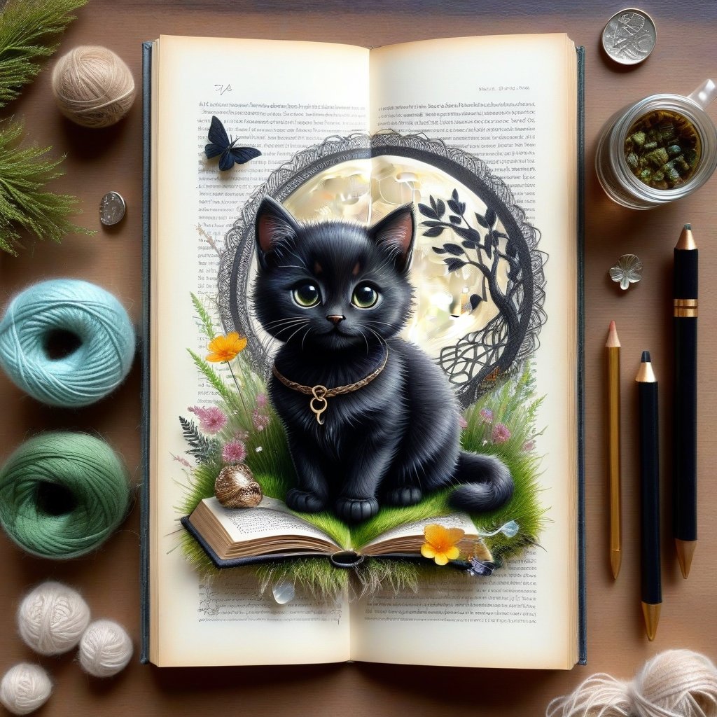 ((ultra realistic photo)), artistic sketch art, Make a little pencil sketch of a CUTE BLACK CAT on an old TORN EDGE BOOK PAGE , art, textures, pure perfection, high definition, feather around, DELICATE FLOWERS, ball of yarn, SHINY COIN, grass fiber on the paper, LITTLE MOON, MOONLIGHT, TINY MUSHROOM, SPIDERWEB, CRYSTAL, MOSS FIBER, TEA LEAF , TEALIGHT, DELICATE CELTIC ORNAMENT, BUNCH OF KEYS, detailed calligraphy text, tiny delicate drawings,BookScenic