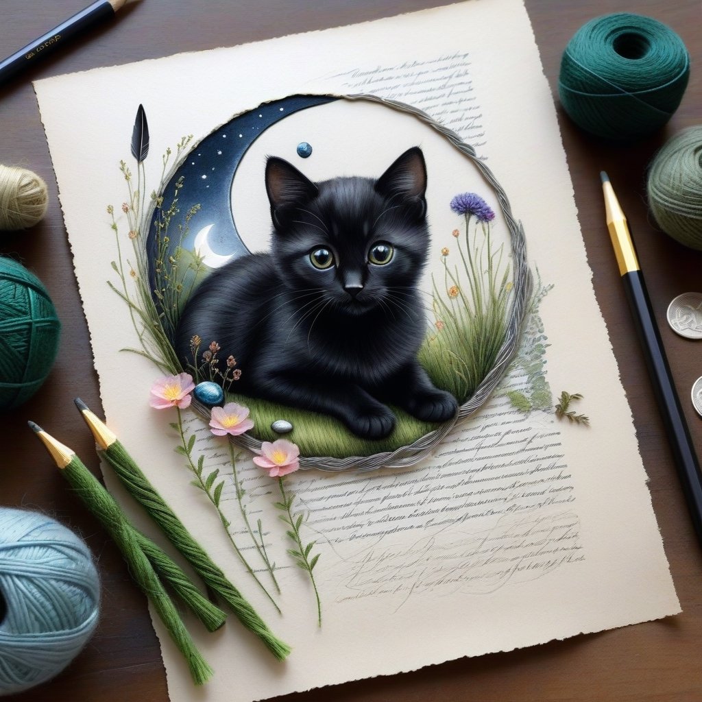 ((ultra realistic photo)), artistic sketch art, Make a little pencil sketch of a TINY BLACK CAT on an old TORN EDGE paper , art, textures, pure perfection, high definition, feather around, DELICATE FLOWERS, ball of yarn, SILVER COIN, grass fiber on the paper, LITTLE MOON, MOONLIGHT, TINY MUSHROOM, SPIDERWEB, GEM, MOSS FIBER , TINY BROOM, DELICATE CELTIC ORNAMENT, BUNCH OF KEYS, detailed calligraphy text, tiny delicate drawings