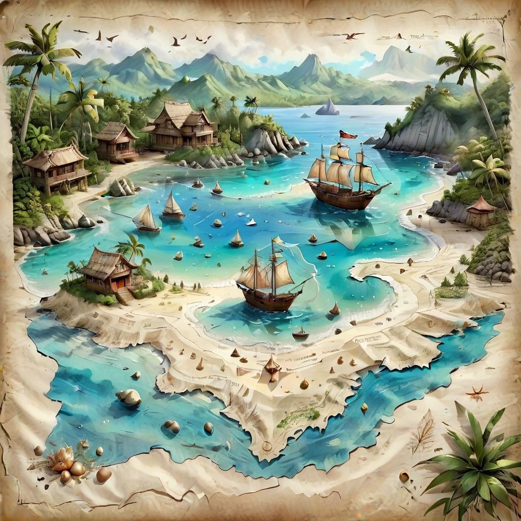 ((ultra ARTISTIC sketch)), (artistic sketch art), Make a 3d DETAILED old torn paper map (a detailed Sketch on the paper about a treasure map) the paper scroll lay on the TROPICAL BAY SANDY BEACH,  some tiny SEA SHELLS , tiny sailing ship, tiny bungalows,on parchment