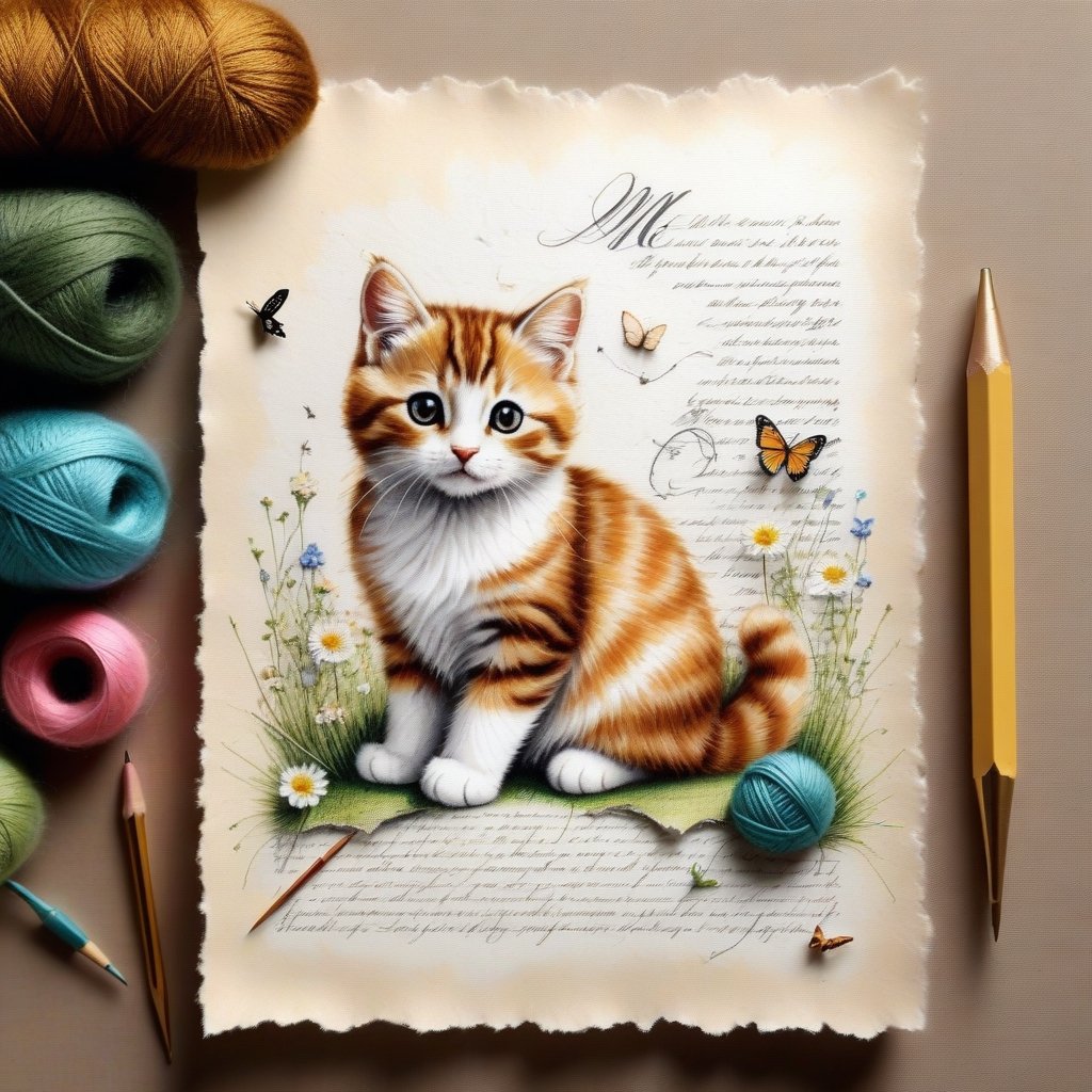 ((ultra realistic photo)), artistic sketch art, Make a little pencil sketch of a cute CAT on an old TORN EDGE paper , art, textures, pure perfection, high definition, feather around, TINY DELICATE FLOWERS, ball of yarn, cushion, grass fiber on the paper,tiny yarn fibers, Sunbeam, butterfly, tiny cat toys, detailed calligraphy texts, tiny delicate drawings