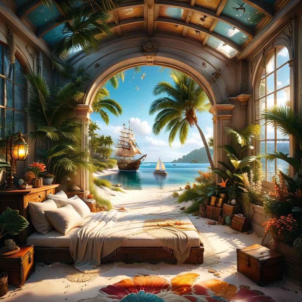 ((ultra realistic photo)), a cute disordered shabby ragged style pirate balcony on the white sand, dusty worn-out walls,spiderwebs on the wall, scattered white blanket on the sofa, creased white rug, shabby bean-bed, little treasure chest as table, huge window, great amazing view to the south pacific lagoon, , detailed beach , scattered blankets here and there, tiny delicate sea-shell, little delicate starfish, sea ,(very detailed amazing view to the tropical lagoon, SEA SHORE, PALM TREES, sailing ship, DETAILED LANDSCAPE, COLORFUL) (GOLDEN HOUR LIGHTING),Tim Burton Style