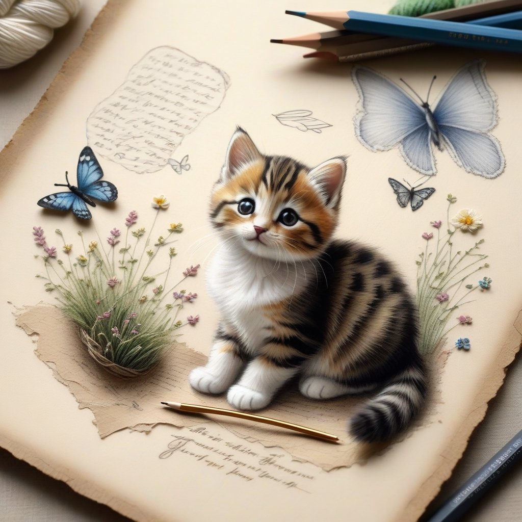 ((ultra realistic photo)), artistic sketch art, Make a little pencil sketch of a cute LITTLE CAT on an old TORN EDGE paper , art, textures, pure perfection, high definition, feather around, TINY DELICATE FLOWERS, ball of yarn, cushion, grass fiber on the paper,tiny yarn fibers, Sunbeam, butterfly, tiny cat toys, detailed calligraphy texts, tiny delicate drawings