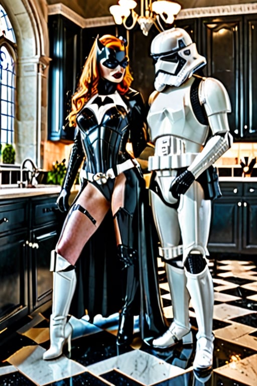 (+18) ,
beautiful sexy batwoman getting married to a stormtrooper in a palace kitchen,
Black and white tiles ,
Black suit with silver lines ,
Cleavage,
Full body shot,

,StormTrooper,1 girl,more detail XL,stormtrooper