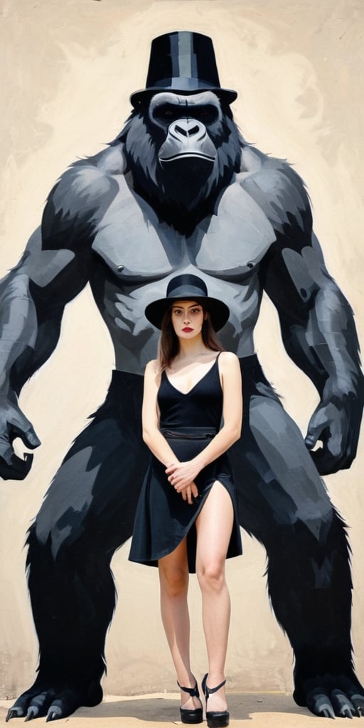 (+18) , NSFW , 
a young gothic sexy woman , 
perfect face , beautiful face , 
wearing sleeveless vest , 
Long cleavage , micro skirt , 
visible ass , clean armpits, 
wearing Long top hat ,, 
full body shot , Realistic, 
complex_background , 
detailed , realistic background of King Kong gorilla , wide shot ,in the style of kazimir malevich