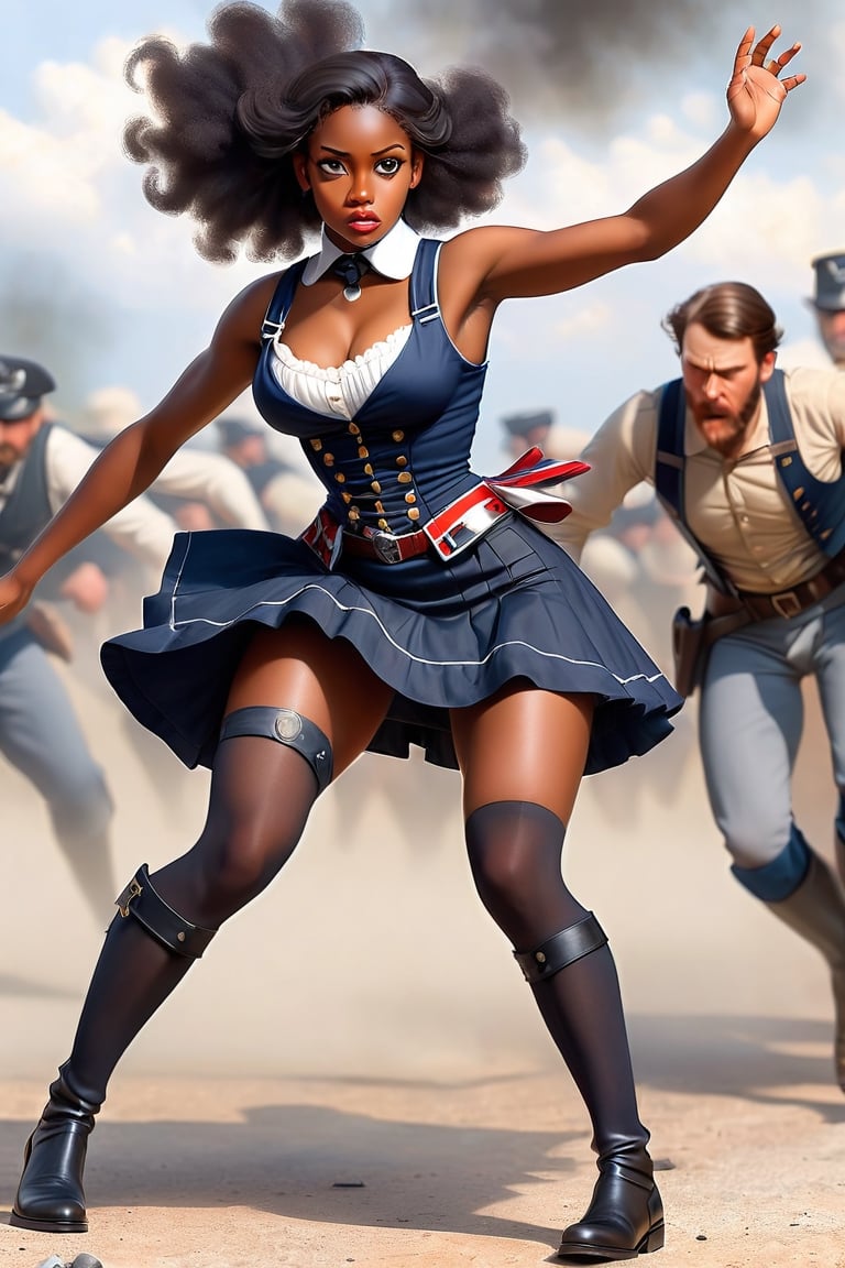 (+18) , nsfw , 
naked sexy beautiful Black woman , 
Wearing mini_skirt, 
Wearing stocking, 
Wearing a sleeveless vest, 

Visible ample pussy  ,
Perfect pussy  ,
((Full body shot)) ,
Minimalist, Real, 

((((american civil War in background)))) ,
battle of the confederate army ,

,action shot,mad-marbled-paper
