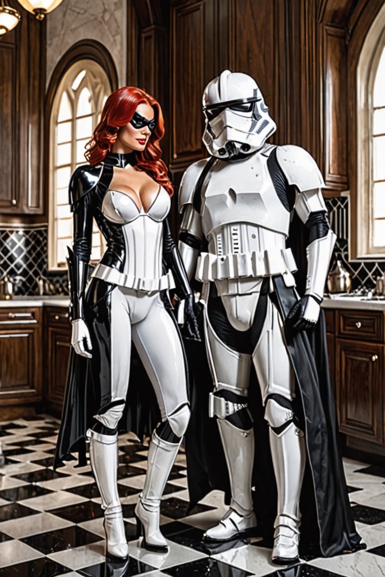(+18) ,
beautiful sexy batwoman getting married to a stormtrooper in a palace kitchen,
Black and white tiles ,
Black suit with silver lines ,
Cleavage,
Full body shot,
,stormtrooper,more detail XL