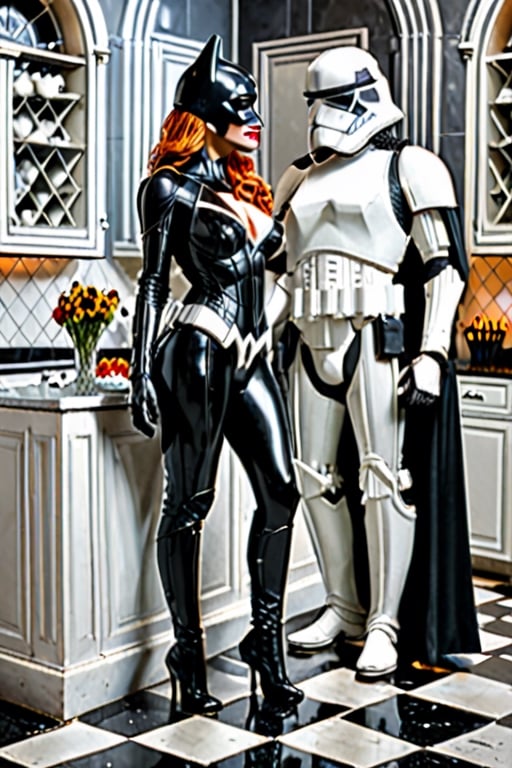 (+18) ,
beautiful sexy batwoman getting married to a stormtrooper in a palace kitchen,
Black and white tiles ,
Black suit with silver lines ,
Cleavage,
Full body shot,

,StormTrooper,1 girl,more detail XL,stormtrooper