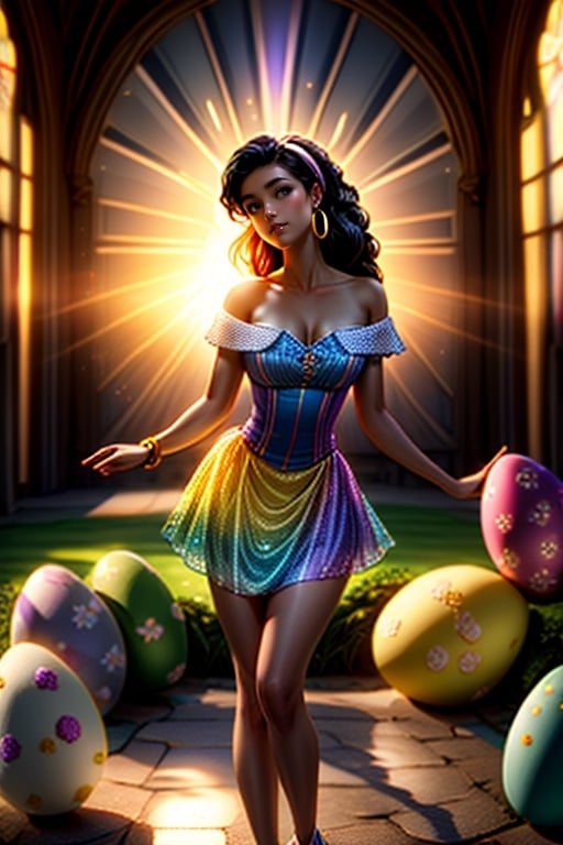 Easter eggs park,
masterpiece, best quality, 
ultra detailed,8k, 
4k, intricate,highly detailed,
detailed face,
(extremely detailed fine touch:1.2), 
(natural light, sun light, light rays, 
dappled light, reflection, shadows, ray tracing:1.2),
hourglass body ,
complex background, 
(Easter bunny) ,
many elements in the background ,
Rabbit,

BREAK

esmeralda, 
1girl, hoop earrings, jewelry, 
Easter earrings, black hair, 
Light-skinned female, 
bracelet, micro skirt, 
long hair, grey eyes, 
breasts, hairband, smile, 
Grey skirt, mini skirt, 
Thighs,
shirt, 
solo, off shoulder, 
looking at viewer, 
cleavage,

BREAK

Full body shot,
Easter eggs park background ,
BREAK
, ,esmeralda, JIDAN,photorealistic,easter