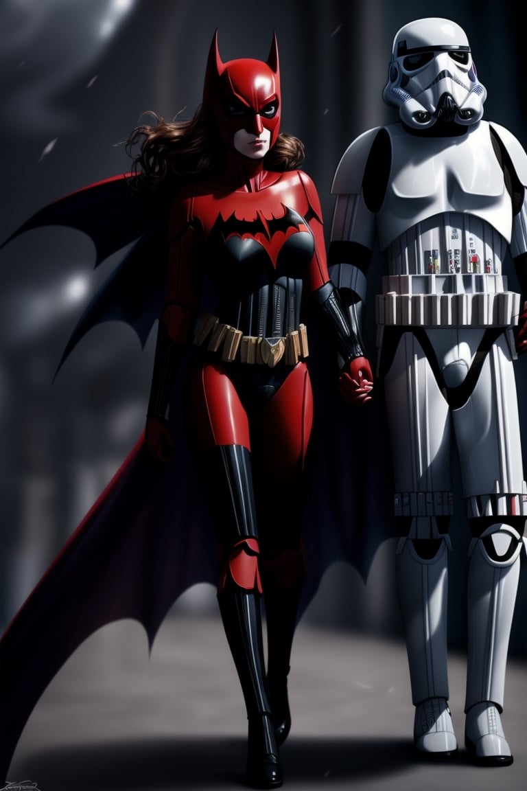 (+18) ,
beautiful sexy batwoman getting married to a stormtrooper,
Black suit with silver lines ,
Cleavage,
Full body shot,
,StormTrooper,1 girl