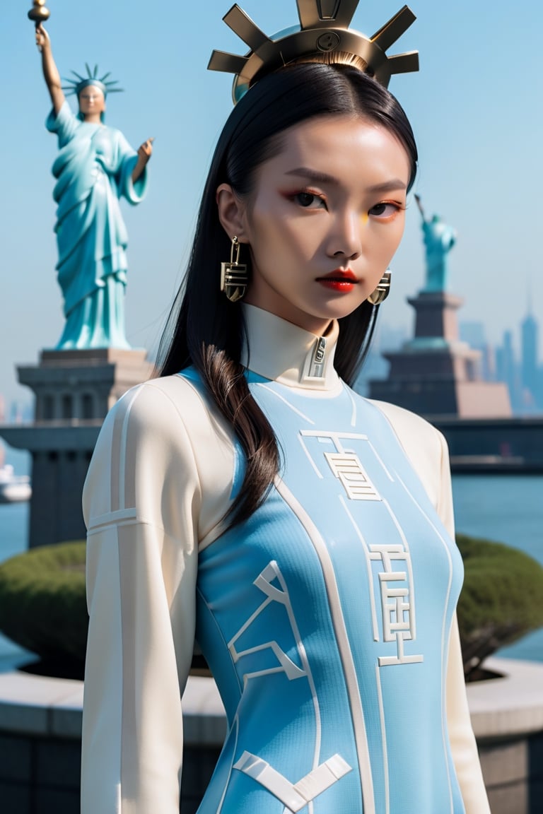 cinematic photo chinese girl, 
(a portrait of a woman:1.2),
 ((Fendi logo-printed knit dress:0.9524):1.4),
 (low contract:1.1), 
realism, professional photo, studio shot, modern fashion,
 (statue of liberty in background:1.3), 
detailed, (neo-futurism:1.18), 
( futurism:0.8) . 35mm photograph, film, bokeh, professional, 4k, highly detailed,more detail XL,Extremely Realistic