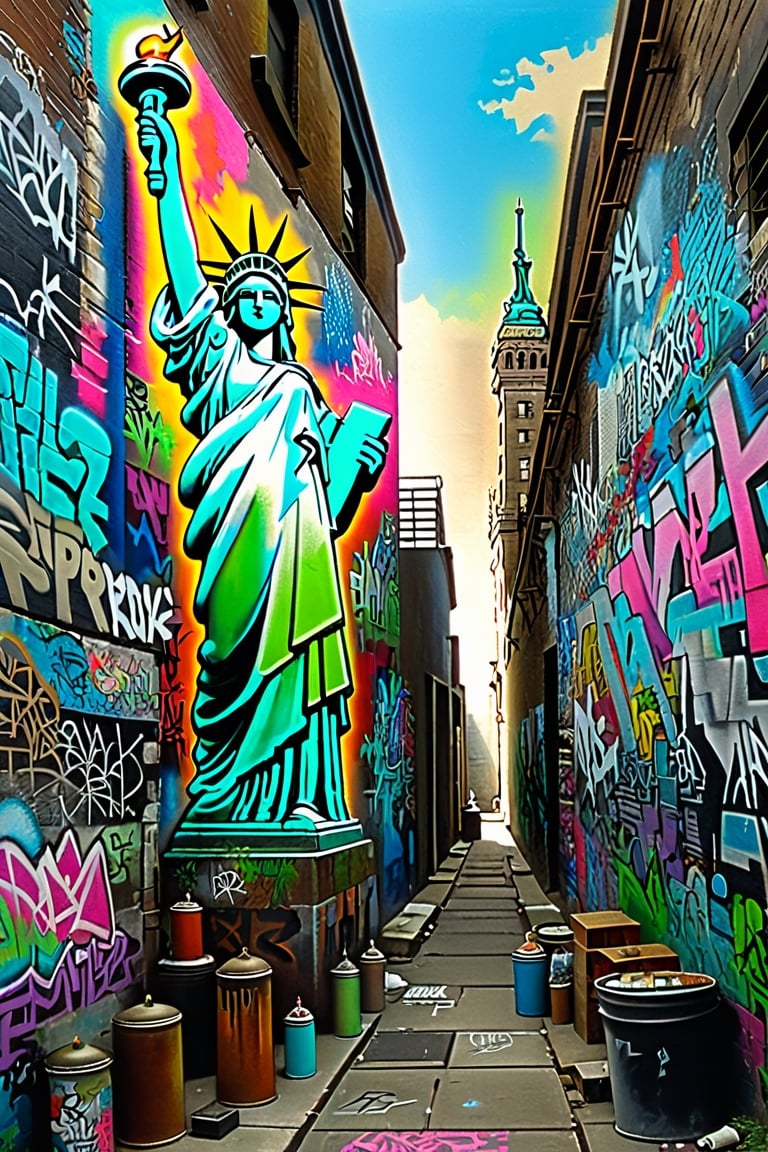 A graffiti painting,
Wall ,
Alley Way,
Statue of liberty,


more detail XL,booth,