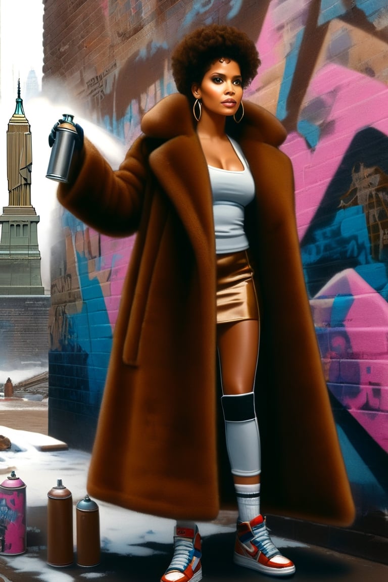 (+18) ,
a spraycan in a fur coat electricboogaloostyle, 
Halle berry face, 
solo Sexy Lady liberty,
gloves, 
Sexy shirt,
((Cleavage)) ,
full body, 
shoes, 
socks, 
Micro tiny skirt,
hood, 
coat, 
sneakers, 
hood up, 
wall, 
(Statue of liberty) graffiti wall painting,
brown coat, 
hooded coat, 
graffiti, spray can ,

Focus on The statue of liberty,
more detail XL,booth,