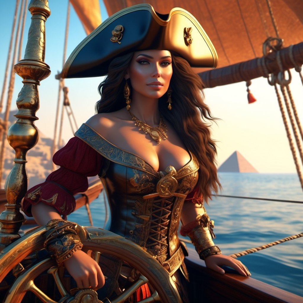 (+18) , NSFW ,
A Sexy female pirate is steering the helm of a pirate ship ,
The background in near the pyramids of Giza in a transparent ocean ,
 , 
 , 
intricate design, photorealistic, 
hyper-realistic, high definition, 
extremely detailed, 
cinematic, 
UHD, HDR, 32k, ultra hd, 
realistic, 
dark muted tones, highly detailed, 
perfect composition, 
beautiful intricate detailing , 
incredibly detailed octane render, 
trending on artstation, , 
nature, subsurface scattering, transparent, translucent skin, glow, bloom, Bioluminescent liquid, 3D style, cyborg style, Movie Still, Leonardo Style, warm color, vibrant, volumetric light,3d,more detail XL