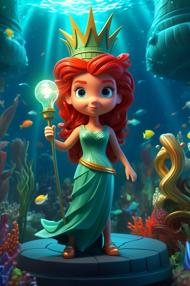 best quality, masterpiece, of a Female, 
dressed as the statue of liberty,
with red hair, with a female fantasy hairstyle, wearing a skirt , 
portrait, fighting, In a labyrinth made of crystal under the sea, guarded by mermaids,, 
realistic, concept art, cinematic, 
volumetric lighting, highly detailed, 
8k, disney cartoon, cute cartoon,disney cartoon,more detail XL