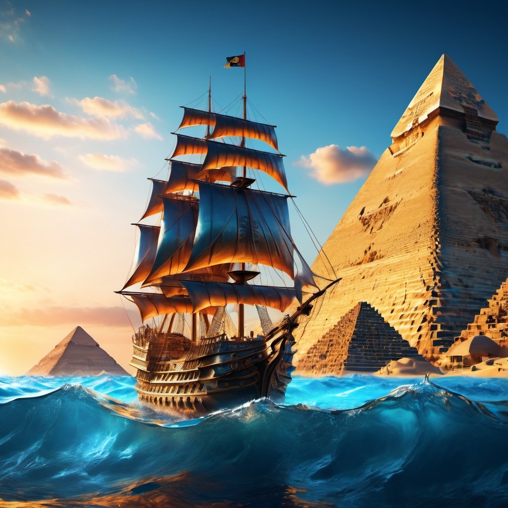 [The pyramids of Giza in the middle of a transparent blue ocean], 
 Pirate ship is passing by The lazy waters , 
 , 
intricate design, photorealistic, 
hyper-realistic, high definition, 
extremely detailed, 
cinematic, 
UHD, HDR, 32k, ultra hd, 
realistic, 
dark muted tones, highly detailed, 
perfect composition, 
beautiful intricate detailing , 
incredibly detailed octane render, 
trending on artstation, , 
nature, subsurface scattering, transparent, translucent skin, glow, bloom, Bioluminescent liquid, 3D style, cyborg style, Movie Still, Leonardo Style, warm color, vibrant, volumetric light,3d,more detail XL